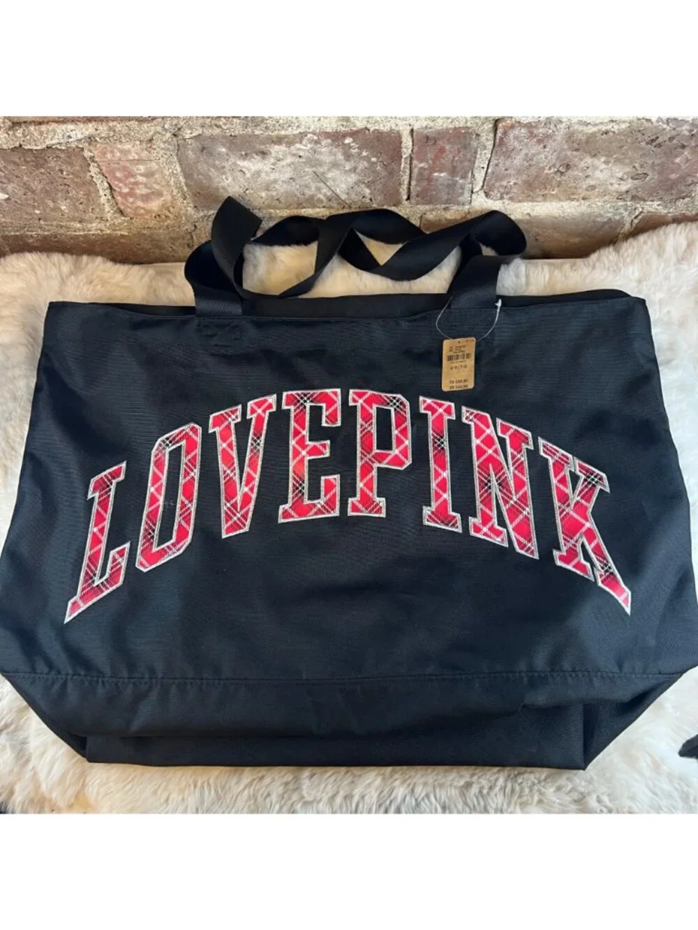 NWT Victoria's Secret PINK Red Plaid Logo Tote Weekender Bag Black & Red